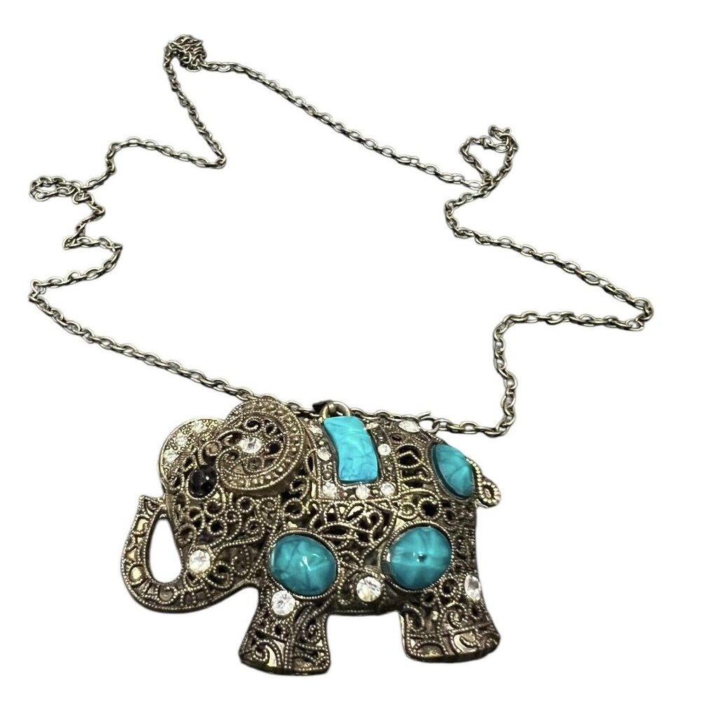 VTG Copper Tone Blue Enamel Rhinestone Elephant Pendant Long Chain‎ Necklace